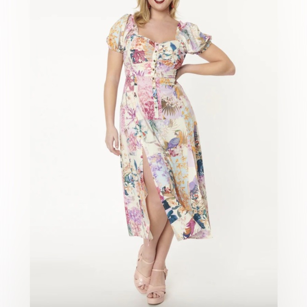 Unique Vintage Pastel Patchwork Print Midi Dress